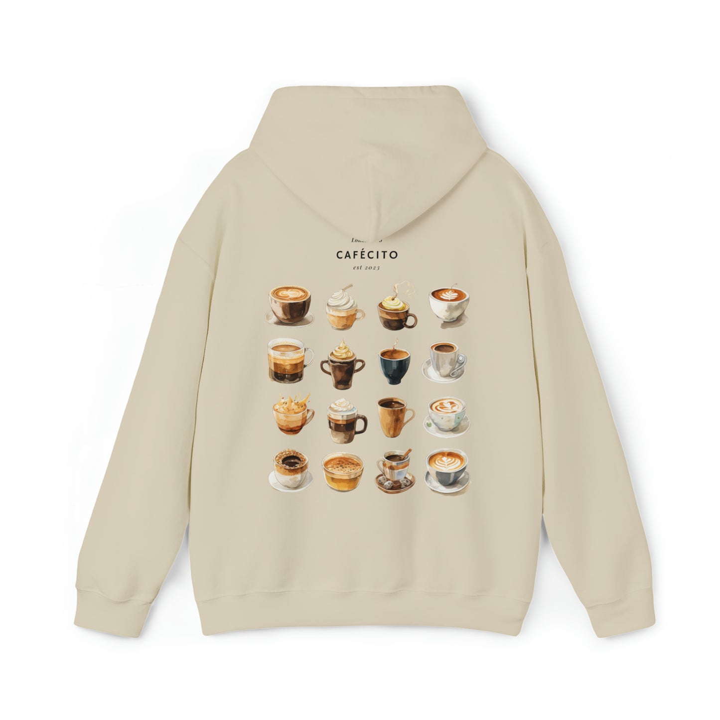 The back of Cafécito Hoodie | Watercolor Coffee Hoodie in sand