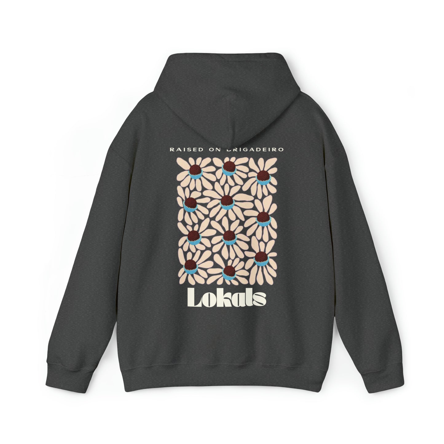 The back part of the Raised on Brigadeiro Hoodie with the hood down in dark heather