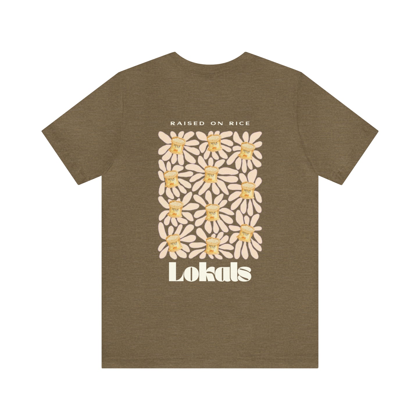 The back of the Raised on Rice T-shirt in heather olive