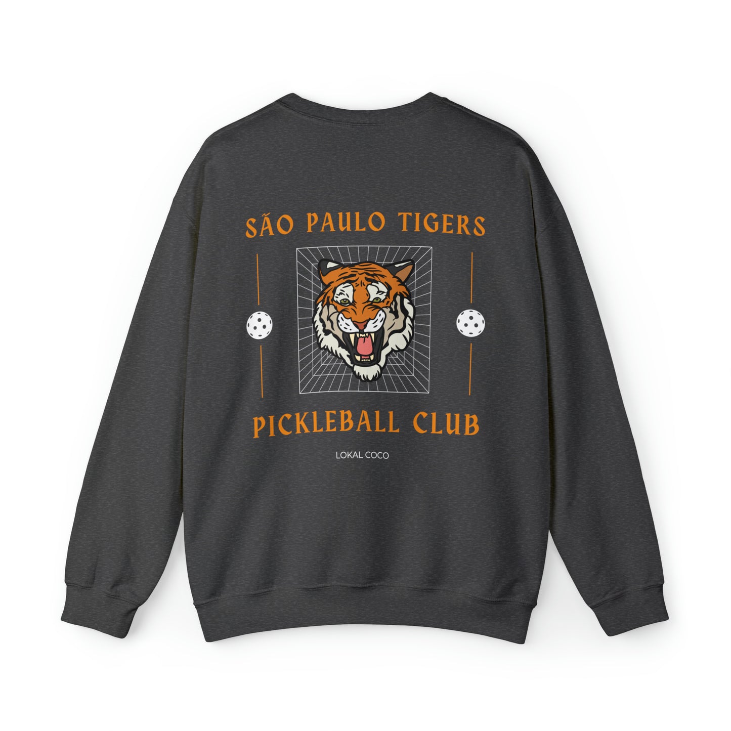 The back of São Paulo Tigers Pickleball Club Sweatshirt | Pickleball Crewneck Sweater in dark heather