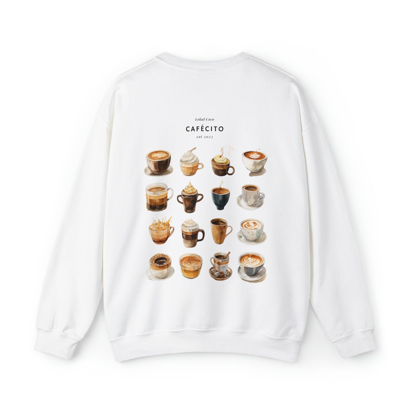 The back of Cafécito Sweater | Watercolor Coffee Crewneck Sweatshirt in white