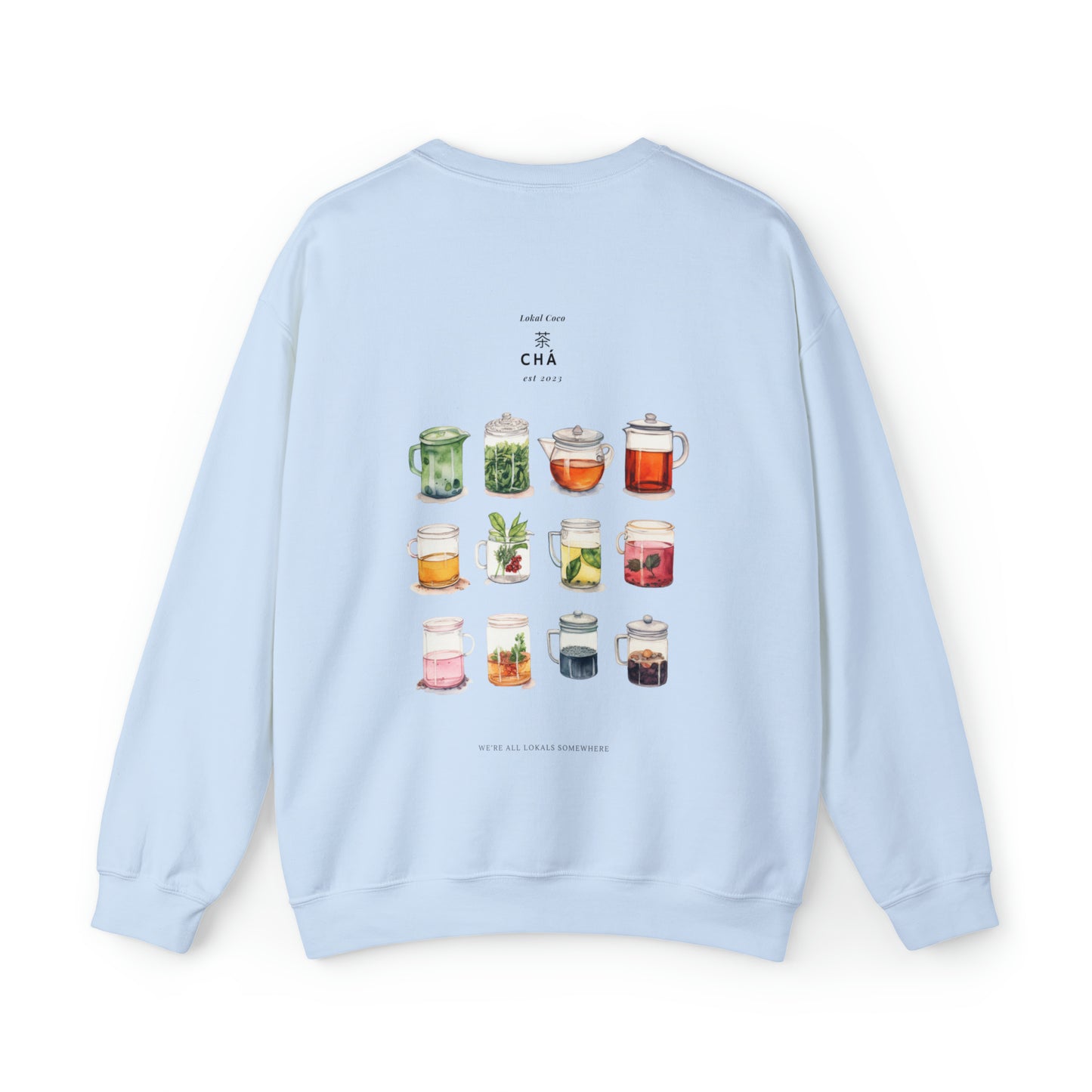 The back of Tea Lover Sweatshirt | 茶 Chá in Mandarin Watercolor Crewneck Sweatshirt in light blue