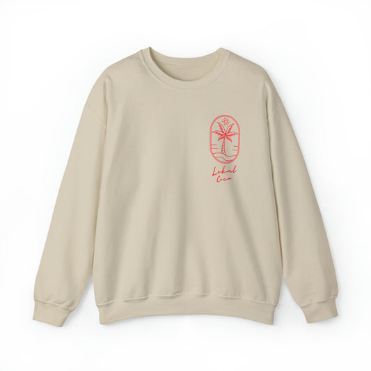The front of Palm Tree Sweatshirt - We're All Lokals Somewhere Crewneck Graphic Sweatshirt in sand