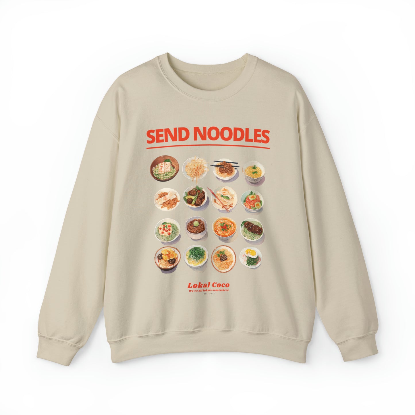 The front of Send Noodles Sweatshirt | Noodle Lover Crewneck Sweater in sand