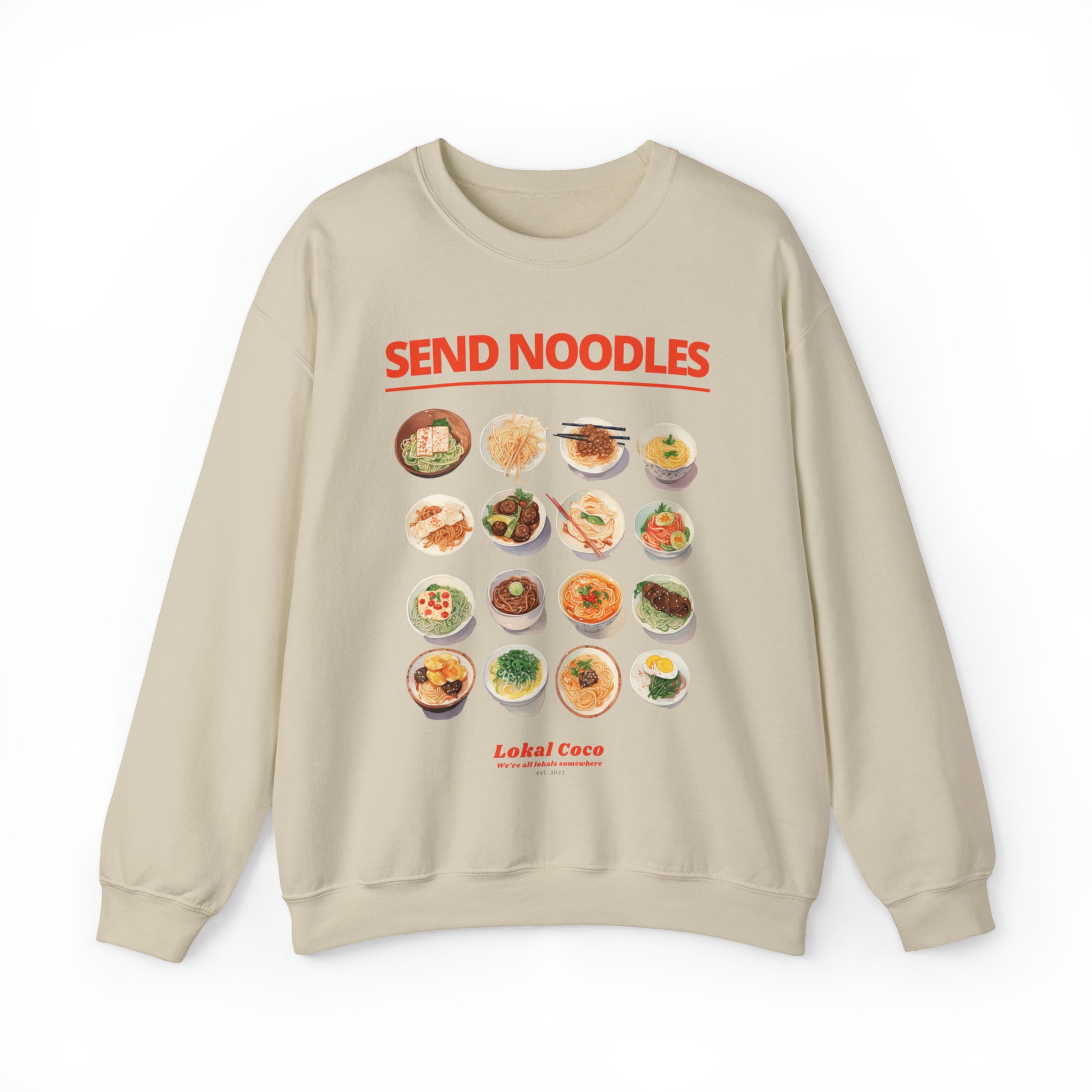 The front of Send Noodles Sweatshirt | Noodle Lover Crewneck Sweater in sand