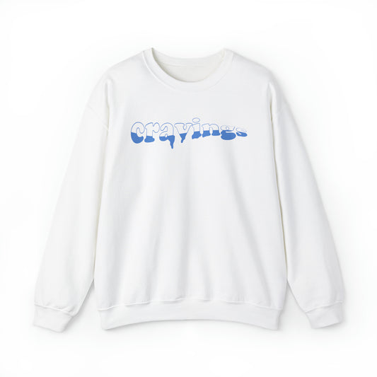 The front of the Cravings Satisfied sweatshirt in white