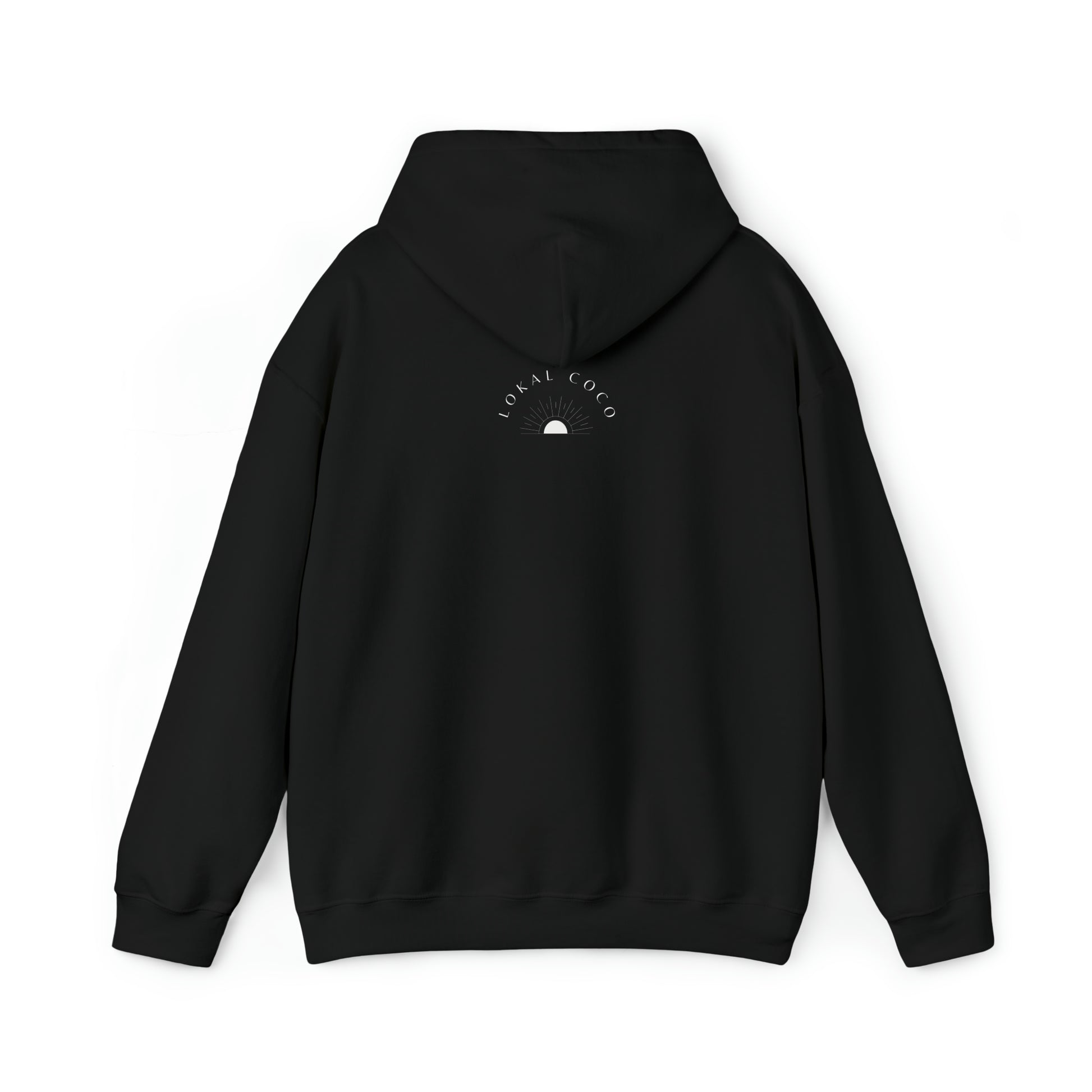 The back of the Adobo Lumpia Sinigang & Kare-Kare Filipino Food hoodie with the hood down in black