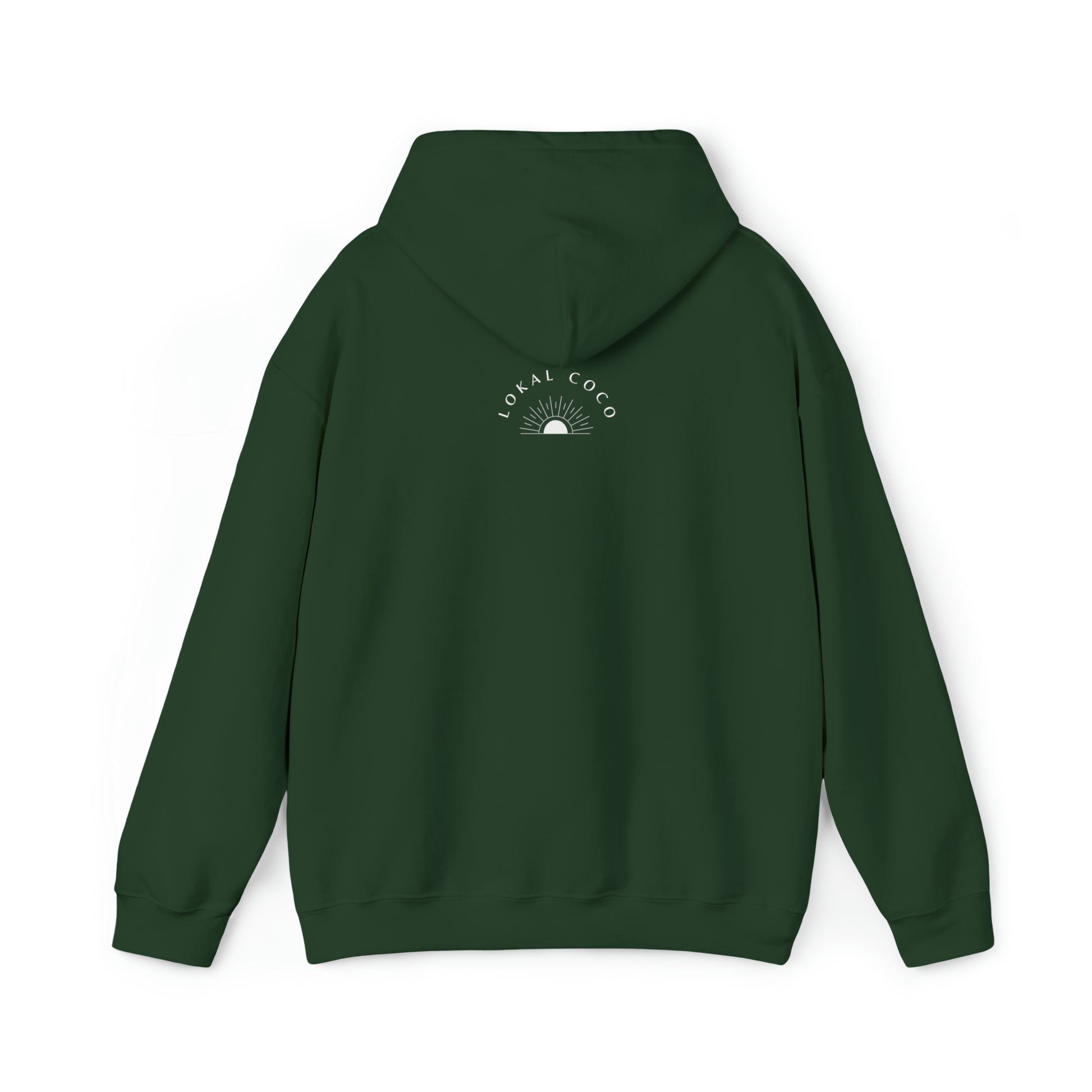 The back of the Adobo Lumpia Sinigang & Kare-Kare Filipino Food hoodie with the hood down in forest green