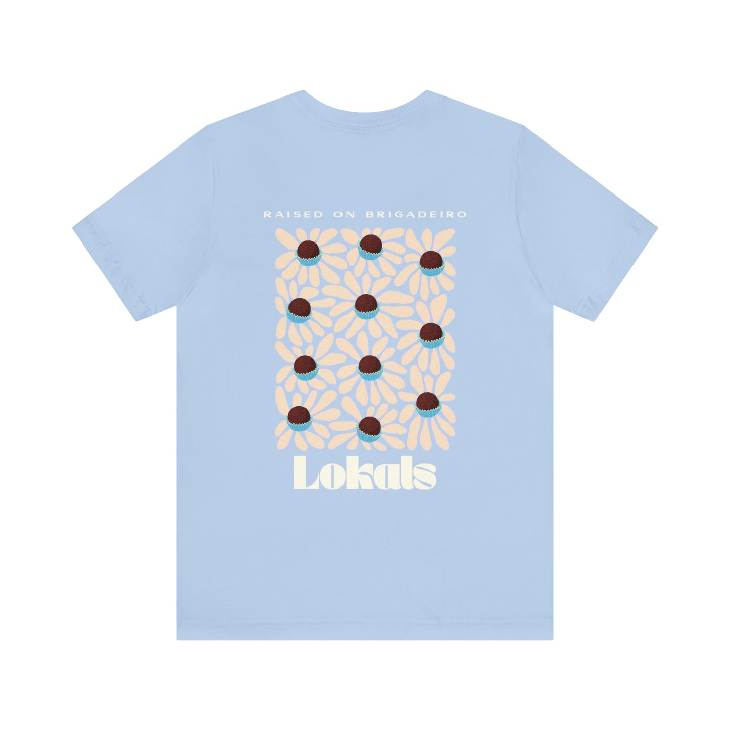 The back of the Raised on Brigadeiro T-shirt in baby blue